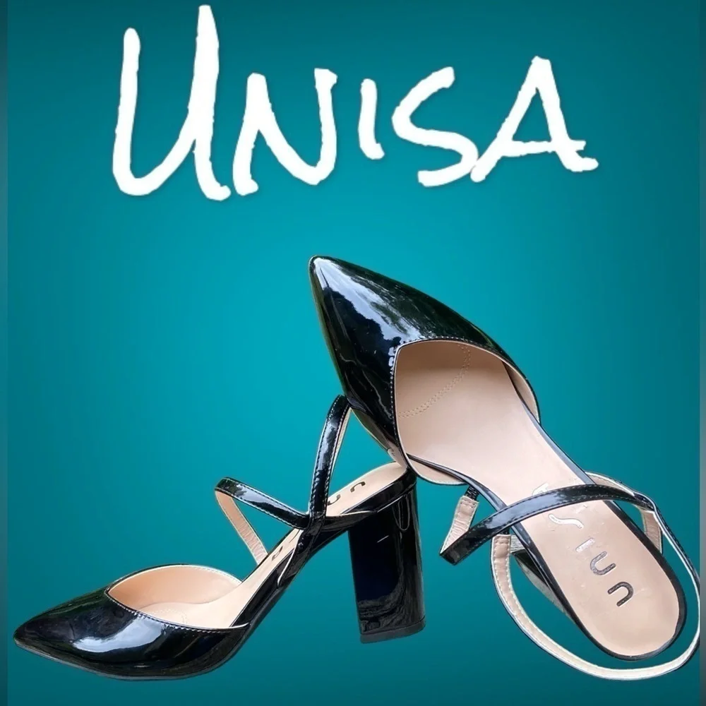 Unisa-New w/o box size7.5 “Marliee” vegan patent point toe w/3.25” block heel